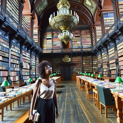 person looking at a library of books