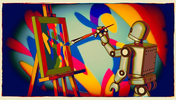 robot drawing an image on an easel using a paintbrush