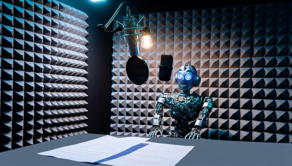 robot with a microphone in a recording booth