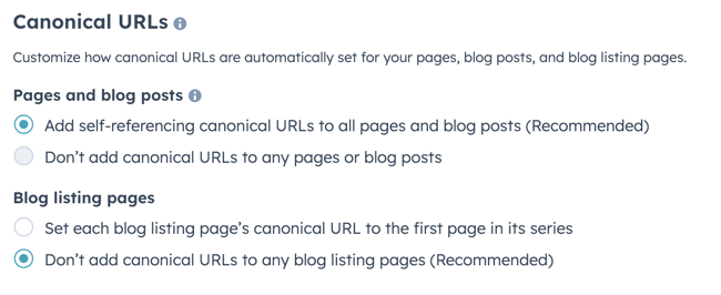 a set of options in HubSpot allowing users to automatically add canonical tags to posts and pages.